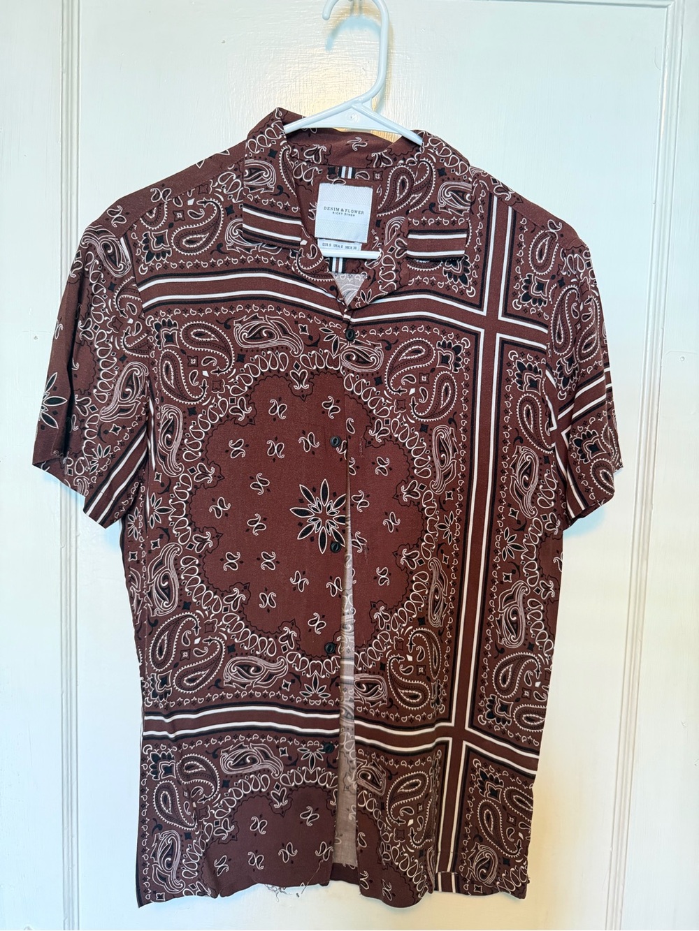 Denim & Flower Brown Paisley Bandana Short Sleeve Button-Down Shirt